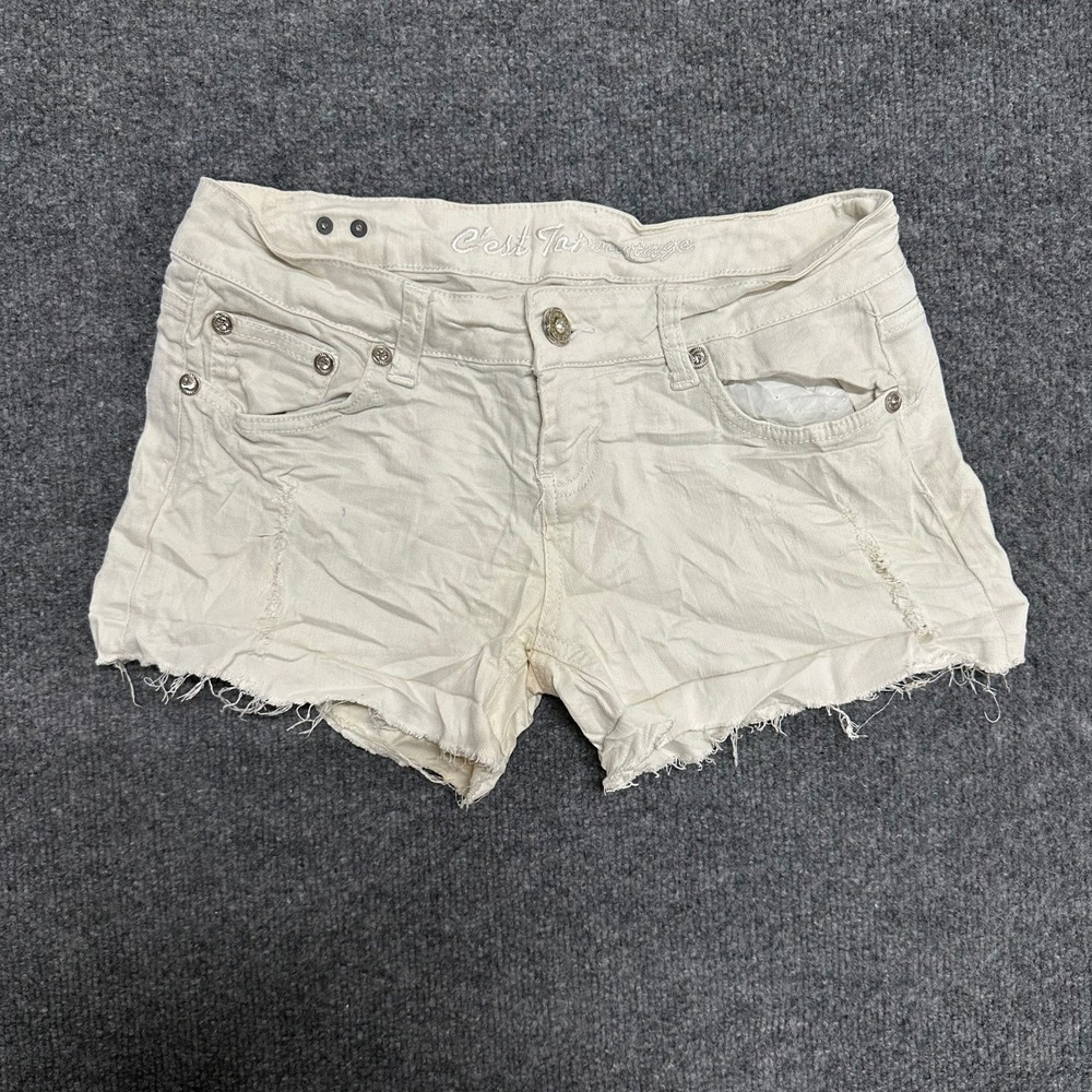 C'est Toi Denim Shorts Womens Size M Cream Raw Hem Rhinestone Low Rise C272
